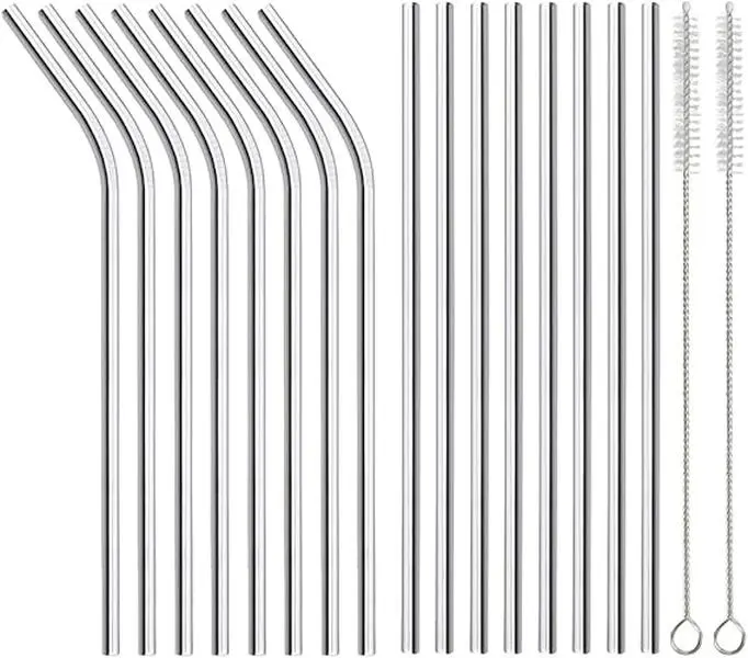 16 Pack of Reusable Stainless Steel Metal Straws, 8 Straight + 8 Bent 8.5 inch Metal Straws with 2 Cleaning Brushes, Straw Compatible with 20oz Stanley Cup