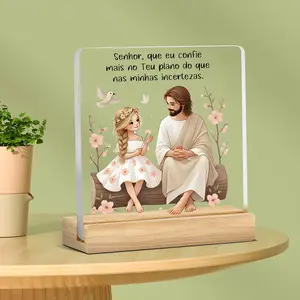 Jesus Themed Acrylic Plaque with Wooden Base, 2D Flat Christian Desk Decor for Home Office or Prayer Room, Birthday Gift for Women, Signs