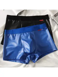 Men's Faux Leather Underwear Set, Comfortable Plain Design, Casual All-Season Wear, Medium Waist Fit, Two-Pack