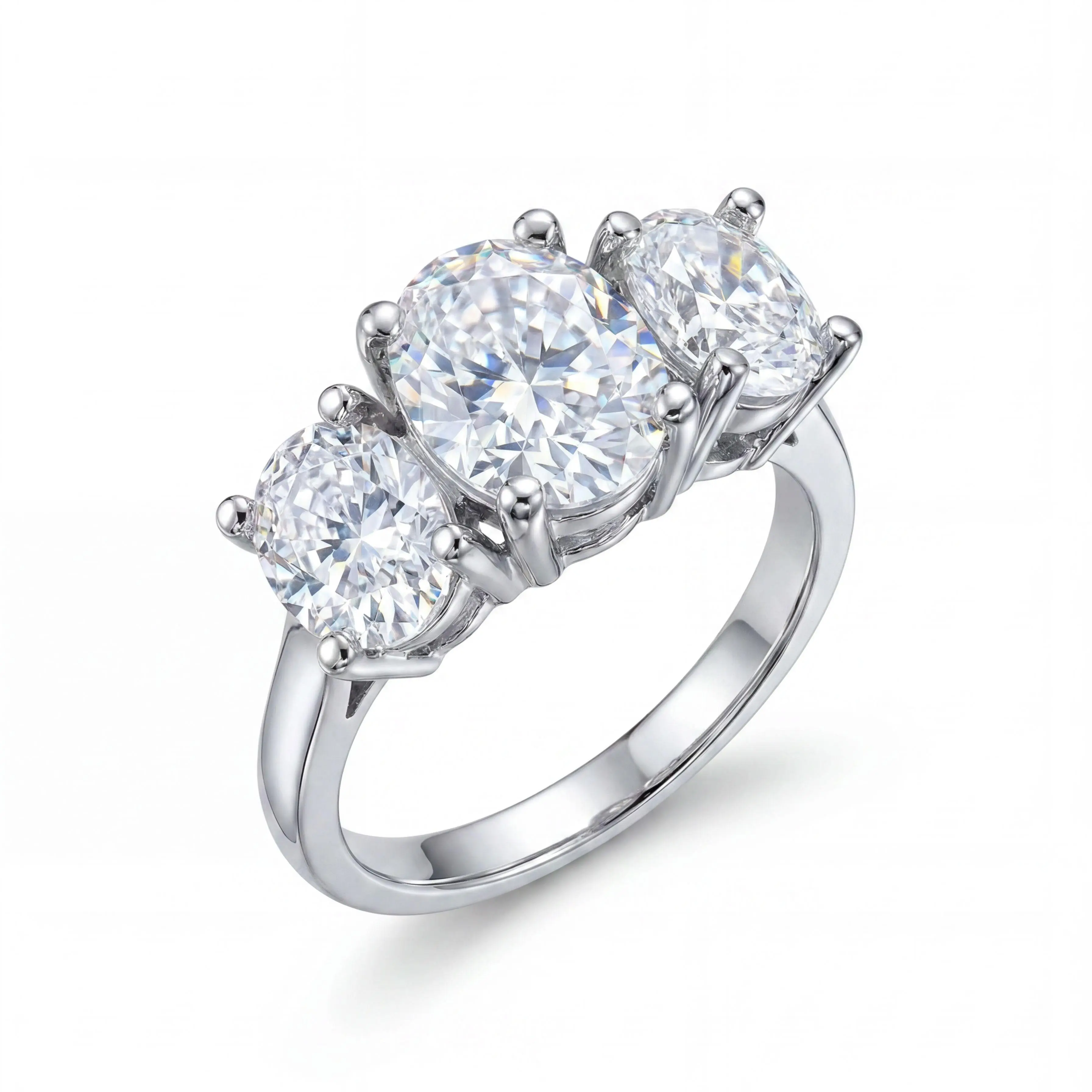 Women's 925 Sterling Silver Classic 3-Stone Oval Cut Moissanite Engagement Ring, Hypoallergenic Fine Jewelry, Ideal for Anniversary, Wedding Party Wear