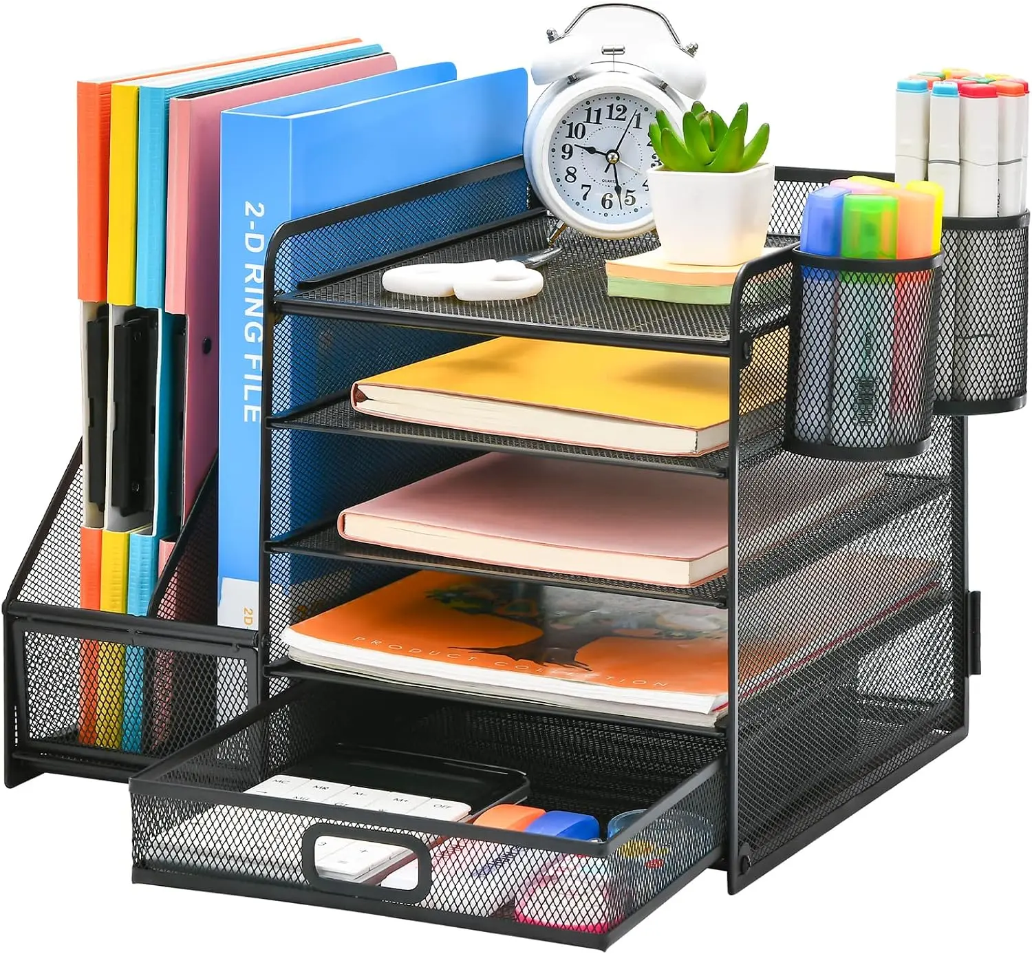5-Tier Office Desk Organizer with File Holder, Paper Trays, Drawer, 2 Pen Holders, Office Accessories for Desktop Storage