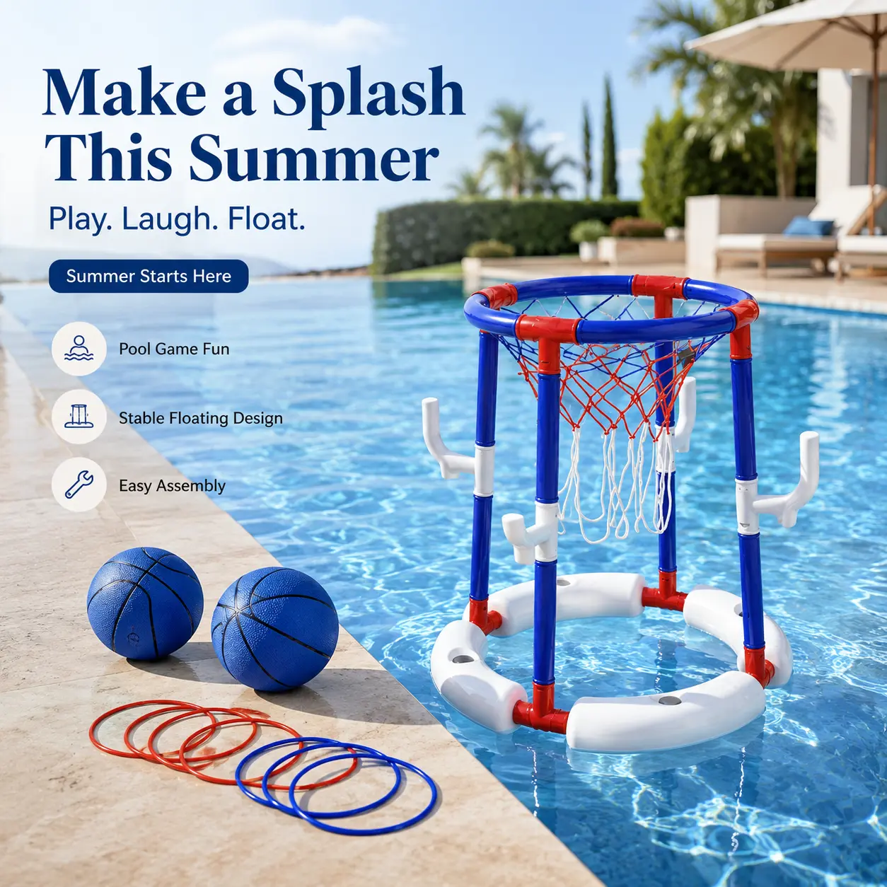 2-in-1 Pool Game,Floating Pool Basketball Hoop Set with 2 Balls & 6 Toss Rings, 20.9" Base Diameter Pool Basketball Game, 22.8" Tall Floating Basketball Hoop for Swimming Pool, Family Pool Party, Kids Teens Adults Summer Fun