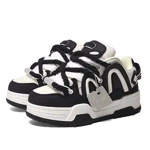 Q-AND Unisex Retro Chunky Sneakers - Panda Print Black White Couple Fit, Mesh Upper, Breathable, Thick Rope Lace, Non-Slip Platform Sole Skate Shoes, Sizes 36-44, Streetwear Footwear for Daily Wear & Tennis,summervibes