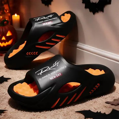Black Orange Thick Sole Slides for Men & Women, Casual Slip-On Sandals, Fall Everyday Footwear, Textured Footbed, Breathable Cutout Design, Lightweight Cushioned Comfort