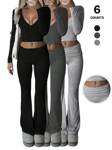 Women's 2 Piece Matching Set Long Sleeve Deep V Neck Crop Top and Foldover Flare Leggings Yoga Outfit,Women's 2 Piece Matching Set Long Sleeve Deep V Neck Crop Top and Foldover Flare Leggings Yoga Outfit Yoga Bottoms,Airport Outfit, Flare Leg Sports