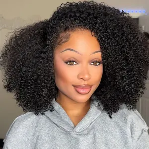 Mamushow 3 in 1 Half Wig Kinky Curly 100% Human Virgin Hair Seamless Flip Over Beginner Friendly Glueless Wear & Go Drawstring Clip in Wig Black Color 14-26 Inch 200% Density