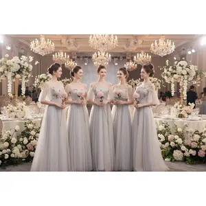 Champagne Gray Off-shoulder Slim-fit Bridesmaid Dress