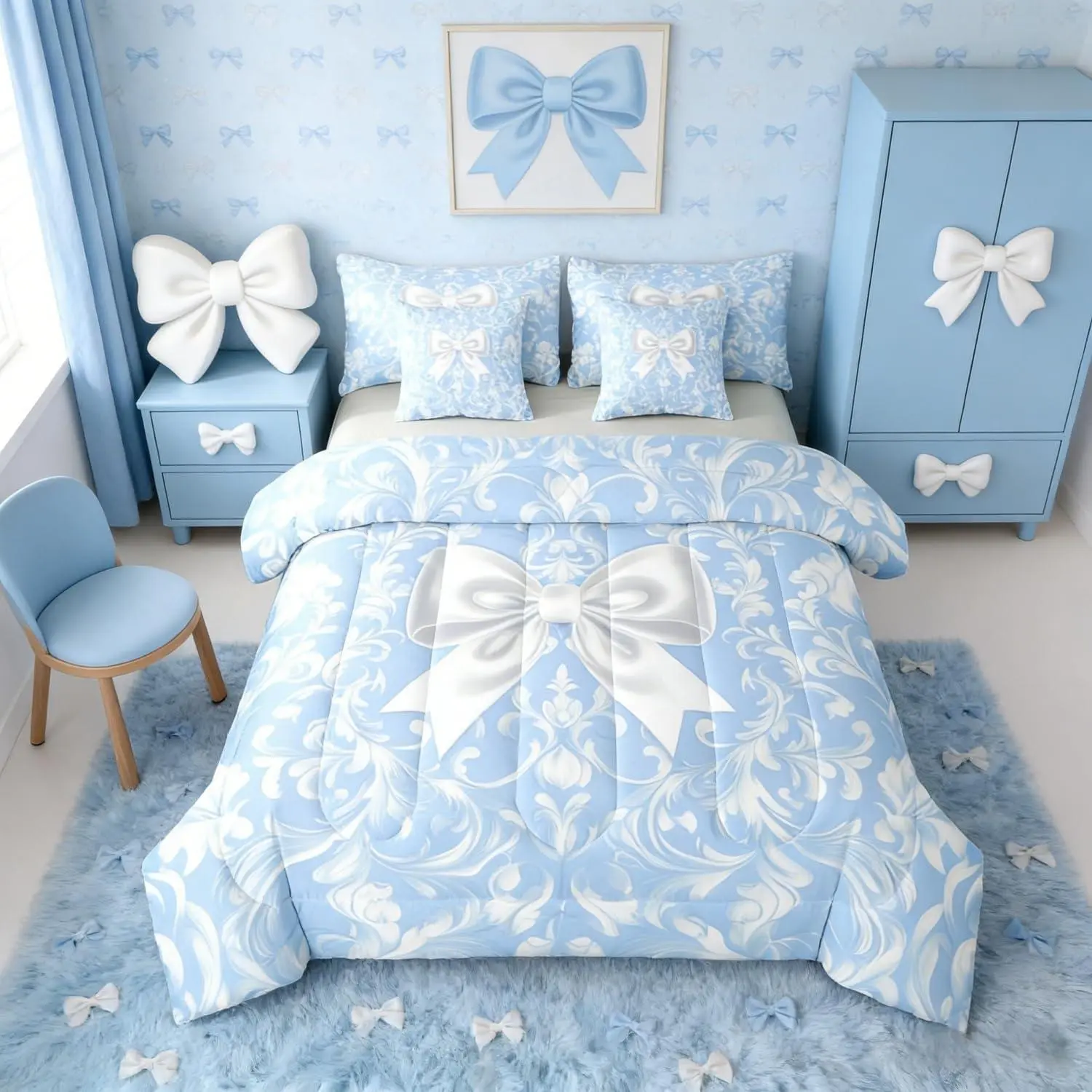 White Bowtie Bedding Set,Damask 7-Piece Bed in A Bag,Coquette Bowknot Sheets and Pillowcases,Victorian Baroque Bed Sets for