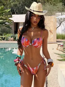 New Adjustable Print Bow Front Bikini Set, Y2K Vintage Dye Print Swimsuit with Beaded Accents, Perfect for Beach Vacation & Pool Party, Beach Bikinis