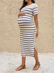 JOYCEE Pregnant Women's Round Neck Short Sleeve Slit Striped Casual Summer Versatile Dress