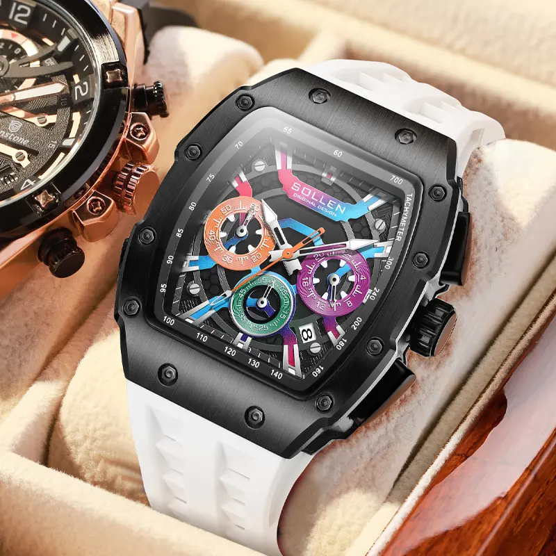 SOLLEN Men’s Rainbow Barrel Watch – Multifunction Day & Date, 24H Chronograph Quartz, Colorful Silicone Strap, Luminous & Water-Resistant | Perfect Gift for Christmas, Birthdays, Father’s Day & Special Occasions – 728