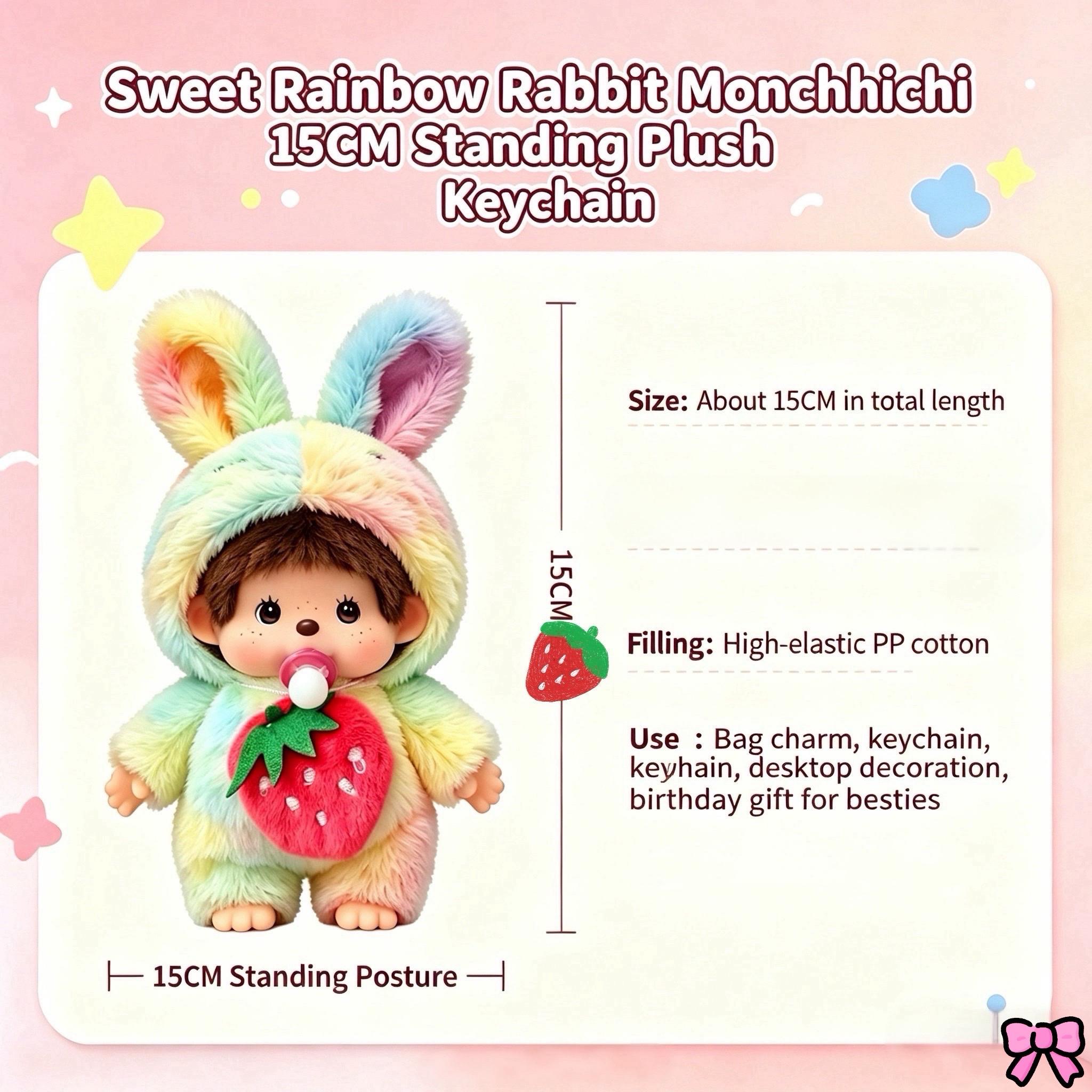 Strawberry Bunny Monchhichi Plush Keychain Butter Yellow Rabbit with Blue Ombre & Red Strawberry Detail Cute Gift for Her Soft Plush Fabric Mini Size