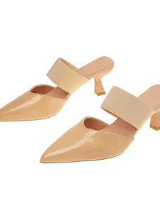Elegant Shiny Pointed Toe Cat Heel Mules, Adjustable Strap Open Back High Heels for Women, Stylish and Comfortable Footwear