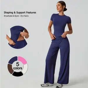 TimeOFF 2-Piece Short-Sleeve & Wide-Leg Pants Set , Shaping Support, Breathable Quick-Dry , Yoga, Gym, Athleisure Women's Backless Tank Top Set Womenswear Workout Running Outfits Workout Sportswear yoga pants for women Yoga Suit Set Yoga Gym Activewear,su
