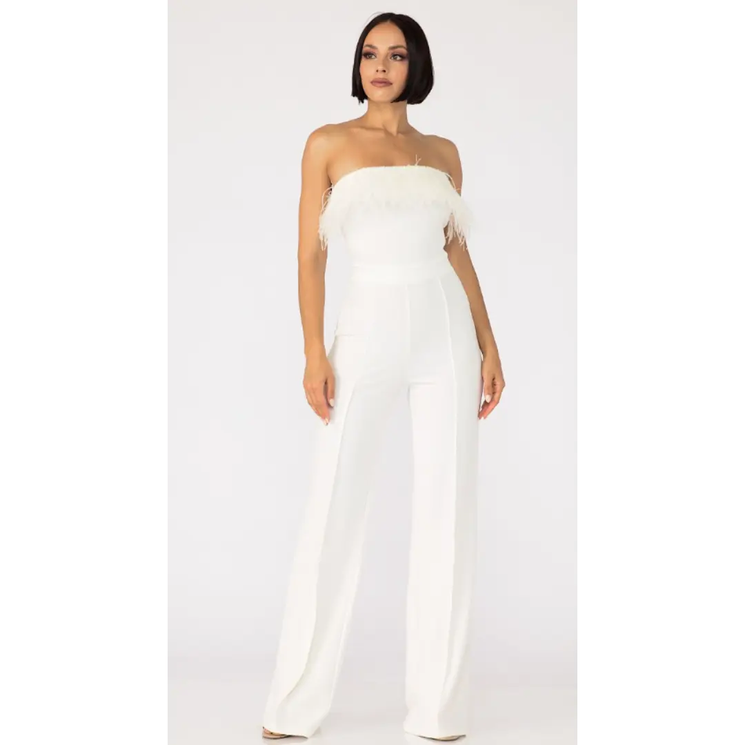 OFF SHOULDER FEATHER TRIM DETAILED FASHION JUMPSUIT - ZIPPER IN THE BACK