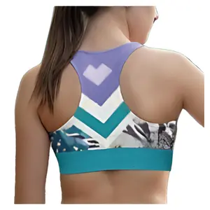Zebra Flower Sports Bra -Teal Purple Zigzag Stripe Animal Print Colorblock High Impact Support Geometric Longline Racerback Workout Bralette