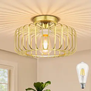Serbasic Semi-Flush Mount Ceiling Light Fixtures Modern Gold Ceiling Light E27 Base Round Lampshade Chandelier for Hallway Bedroom Foyer Living Room Dining Room Kitchen