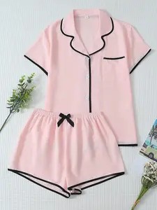 Women's Sleepwear Set Pure Color Trim Sweet Lapel Short Sleeve Top and Shorts Casual Home Wear, Fitted Animal Pattern