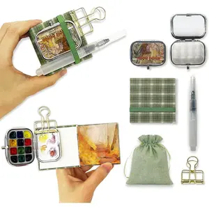 Mini Travel Watercolour Palette Set 12Wells Small Empty Portable Painting Tin Kit with Lid, 6x6 cm Pocket Watercolor Sketchbook 20 Sheets, 140lb, Refillable Brush Pen