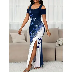 Stand Collar Drawstring Women's Elegant Color Block Butterfly Print High Slit Off-Shoulder Dress
