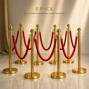 8 Pack Gold Stanchions and Velvet Ropes Set, Stainless Steel Crowd Control Barriers, 6Pcs Red Carpet Ropes and Poles for Party Supplies,Photobooth Accessories, Prom,Birthday,Business,Wedding, Museums