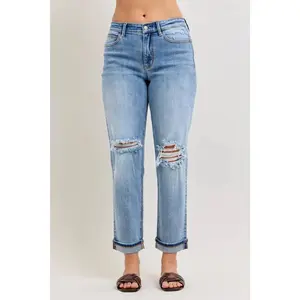 Judy Blue Mid Rise Boyfriend with Destroy & Cuff Jeans 82688, Stretchy Cotton Comfort Denim Womenswear Cuffed Bottom, Chic Streetwear Style