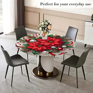 1PC French Poinsettia Elastic Round Tablecloth, Ins Style Holiday Stretch Table Cover, Easy to Install & Remove Patio Tablecloth for Holiday Party, Wedding, Indoor & Outdoor Home Decor, All-Season Use