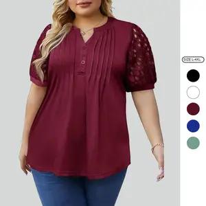 Imily Bela Women's Plus Size Polyester Henley T-Shirt - L-4XL Summer Lace-Sleeve Casual Pleated Flowy Tunic Tops, Polyester Clothing