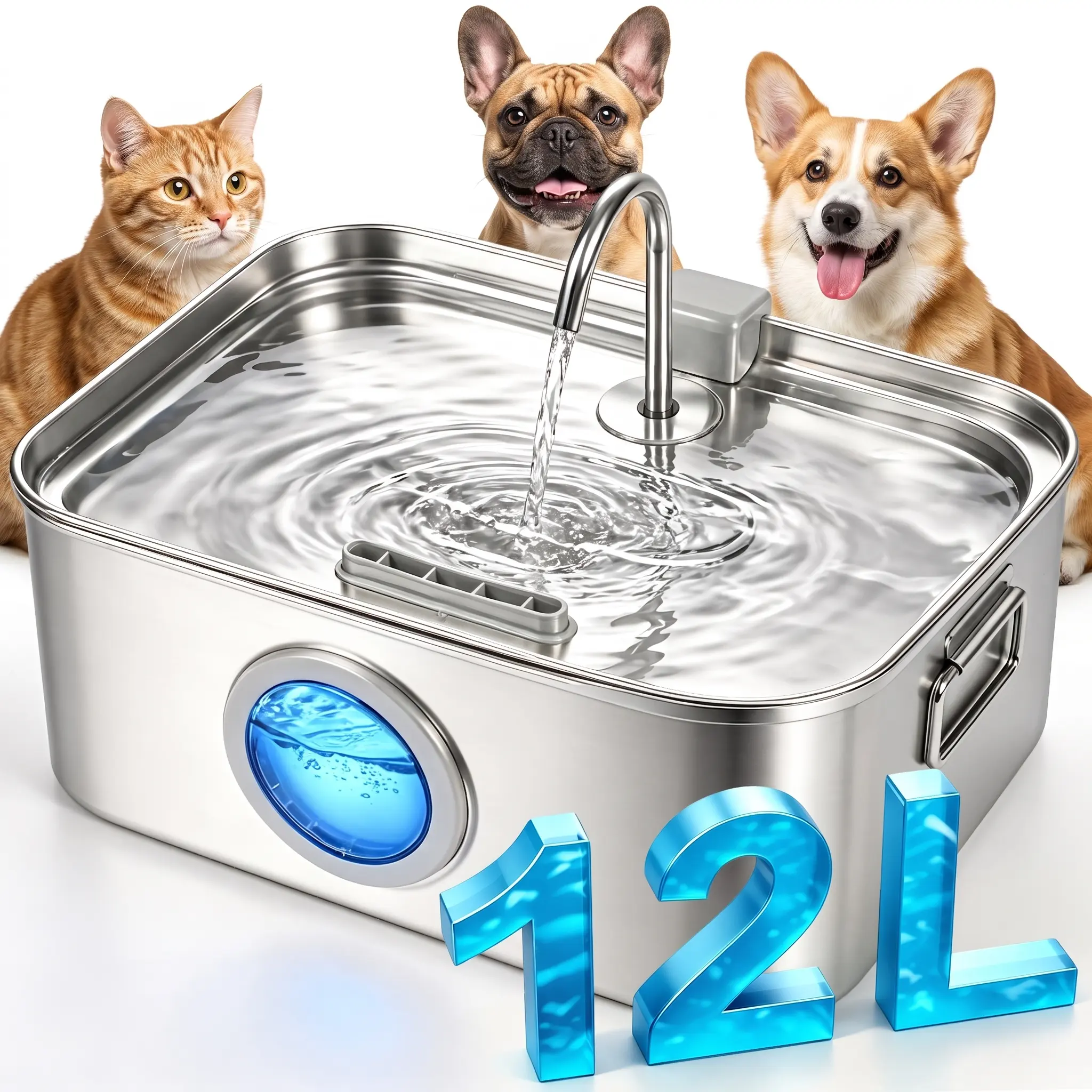 12L/405oz Large Capacity Pet Water Fountain, 304 Stainless Steel Automatic Cat Water Fountain with Dual Flow & 24h Filtration, Ultra-Quiet Pump, BPA-Free, Dishwasher-Safe, Dual Handles, Easy Clean, Summer Essential Water Fountain for Dogs & Cats