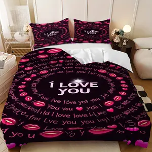 3-piece bedding set - Happy Valentine's Day! Pink heart and red lip-themed down comforter set (1 duvet cover + 2 pillowcases, filling not included). A perfect gift for family and friends, soft and comfortable, suitable for family bedrooms and guest rooms.