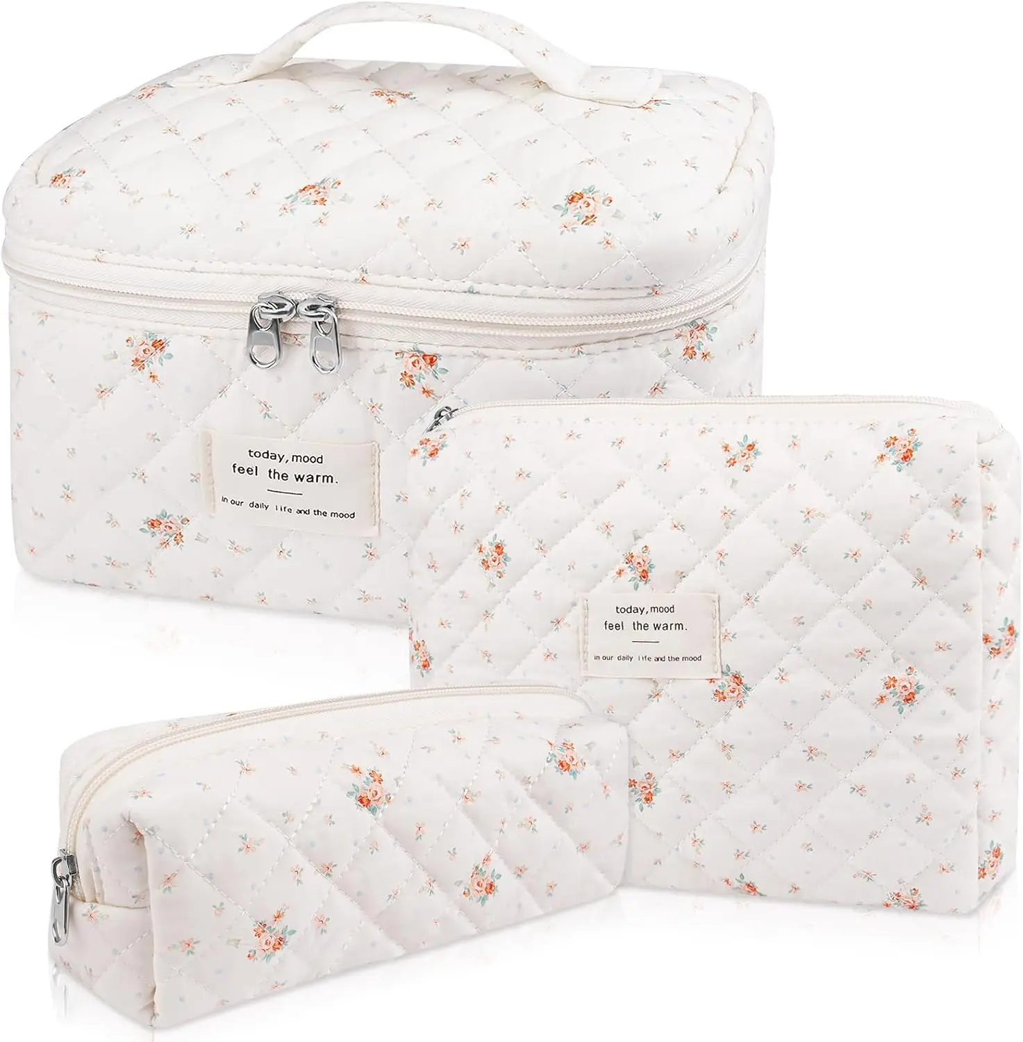 3-Pack Quilted Makeup Bag Set for Women, Ditsy Floral Cosmetic Pouches with Handle for Travel & Home Makeup Organization, Quilting, Floral Print, Modern Quilted Make-Up Bags, Makeup Products, Portable Vanity