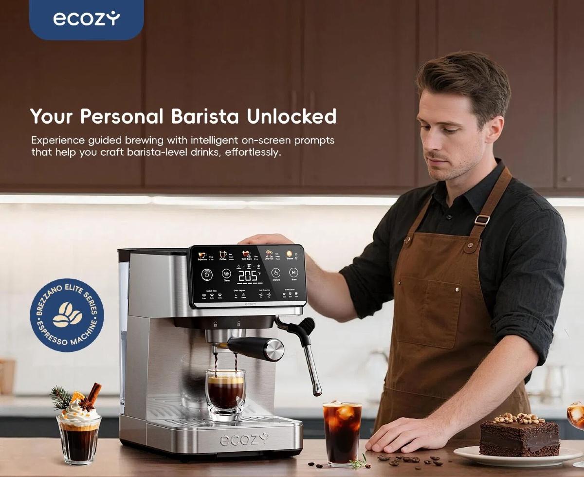 [Mother&rsquo;s Day] ecozy 4-in-1 Espresso Machine  LED Touch Screen, 20 Bar Pump - Home Coffee Bar, Drip Coffee, Cold Brew and Over lce Machine, Intergrated Milk Frother, Stainless Steel, Brezzano Elite Series for Cappuccinos, Lattes, Americanos