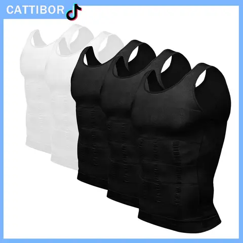 Cattibor Men's Round Crew Neck Fitted Compression Tank Top - 1/2/3/4/5 Pack Tight Sleeveless Sports Vest, Shaping Gym Fitness Wear, All-Season Mens Underwear & Undershirts