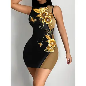 [Sexy Bodycon Dress] Sexy 3D Golden Rose & Butterfly Print Women's High Neck Bodycon Mini Dress |   Black & Golden Sleeveless Clubwear, Machine Washable Party Dress for Night Out, Evening Wear, Elegant Design, Decorative Elements