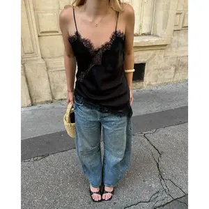 Women’s Satin Cami Top with Lace Trim, V-Neck, Spaghetti Straps, Open Back, Asymmetric Design — Trendy Summer Streetwear