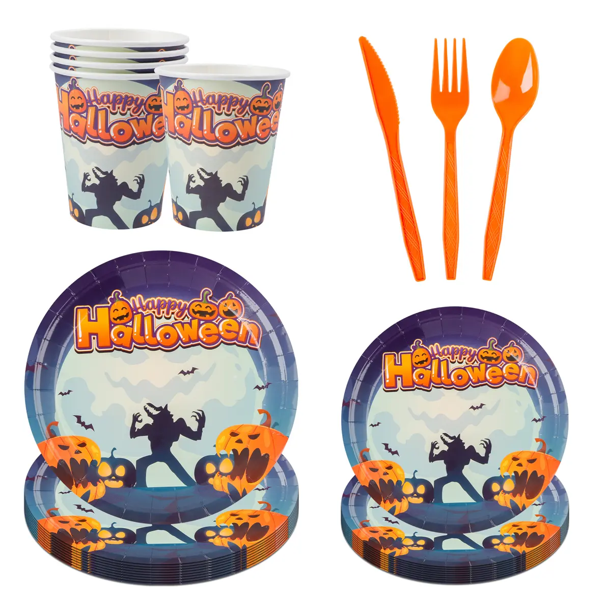 60 Pieces Halloween Party Supplies Ghost Pumpkin Bat Cutlery Set Disposable Cutlery Round Paper Plate Cup Plastic Cutlery for 10 Guests