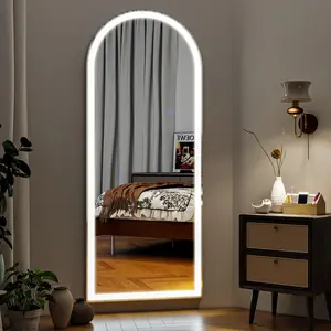 Arched Full-Length Lighted Floor Mirror - 60"x16" Dimmable LED Arch-Shape Mirror with Stand, 3 Color Lighting, Wall-Mounted Decor for Bedroom, Dressing Room, Lighted Mirror