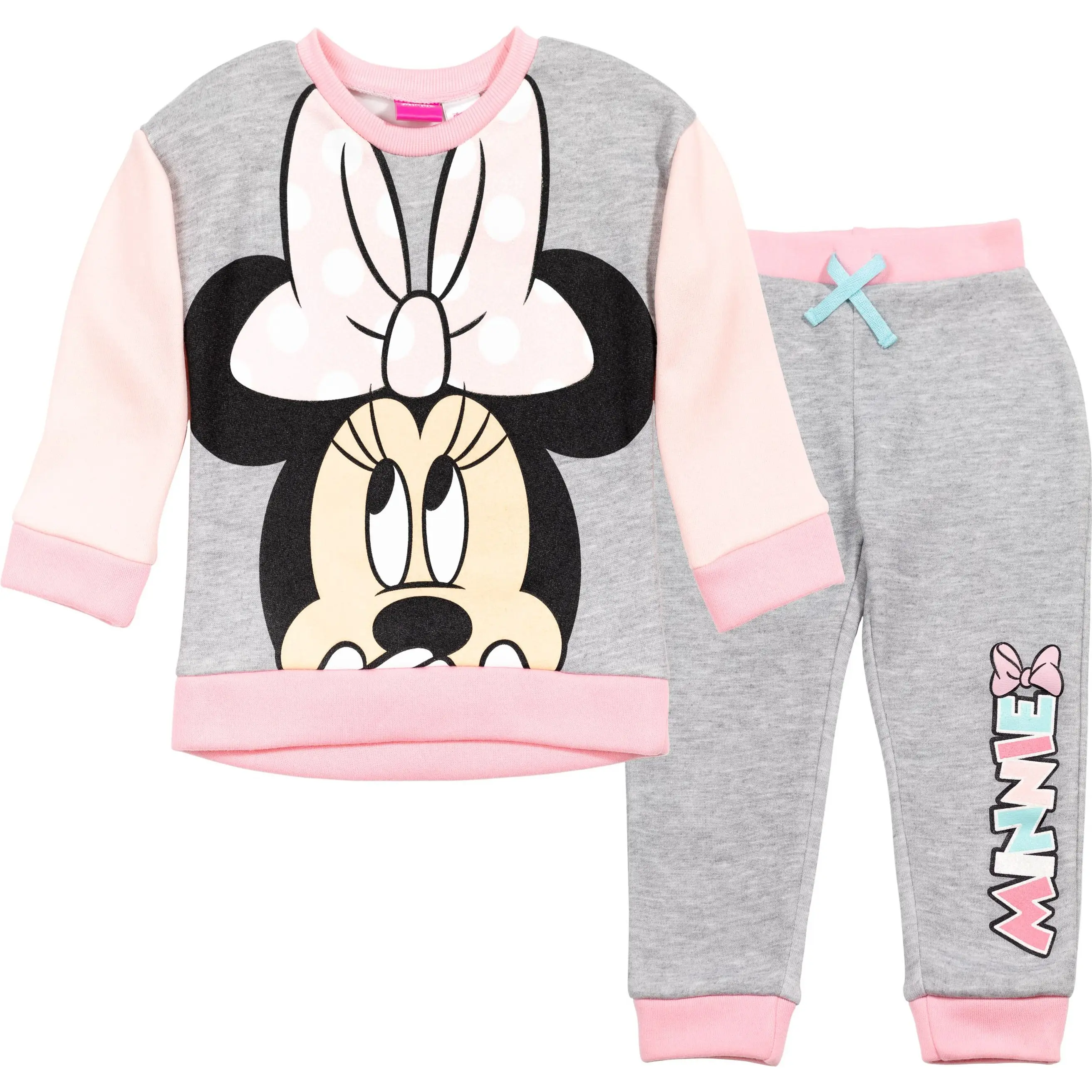 Disney Minnie Mouse Girls' 2-Piece Midweight Fleece Sweatshirt & Full-Length Pants Set, Elastic Waistband, for 2T Baby & Kids, Minnie Print, School/Play