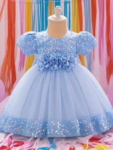 Toddler Girl's Glitter Sequin Decor Flower Embroidery Tulle Dress, Cute Princess Dress for Party Wedding Guest, Kids Clothes for All Seasons