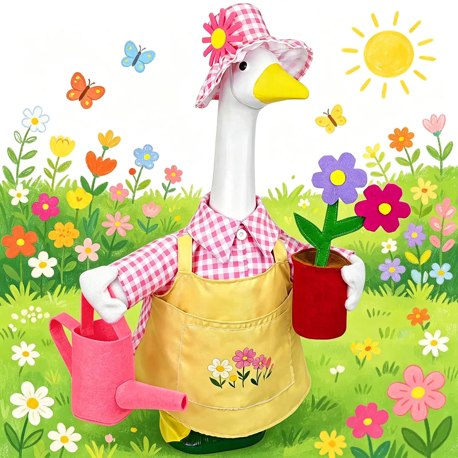 23 Inch Gardener Goose Outfit, Spring Pink Plaid Garden Duck Statue Costume with Flower Hat Watering Can, Farmhouse Front Porch Yard Patio Outdoor Decor for Lawn Goose Costume