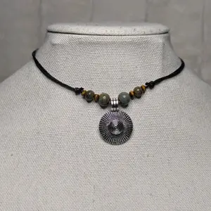 Ceramic Beaded Large Spiral Charm Boho Hippie Whimsical Adjustable Black Rope Cord Choker Stacking Necklace jewelry