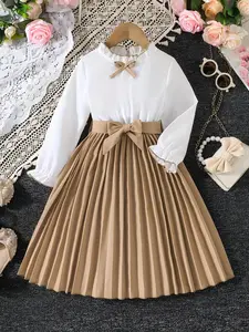 Ready Stock 2-8Y Toddler Kid Girls Elegant Dress Mock Neck Long Sleeve Dress with Pleated & Bow Details DXF41769AY