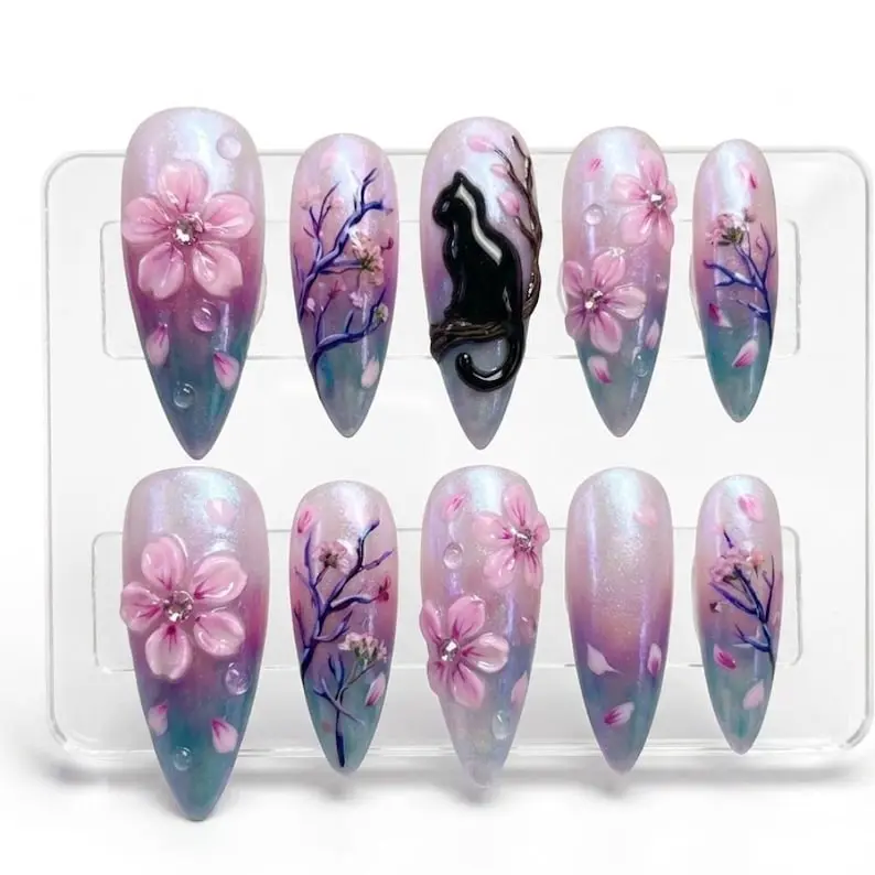 Japanese Style Press On Nails 3D Sakura Black Cat Pink Cherry Blossom