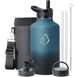 64 oz Water Bottle Insulated with Straw & 3 lid and Carrying Pouch, Leak Proof Half Gallon Stainless Steel Water Flask Jug, Cold for 48 Hrs Double Vacuum Thermo Canteen, , Indigo Crush
