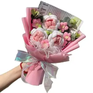 Crochet Rose Flowers Bouquet Gift | Free Gift Bag & Light | pink | Decor Decorative Room