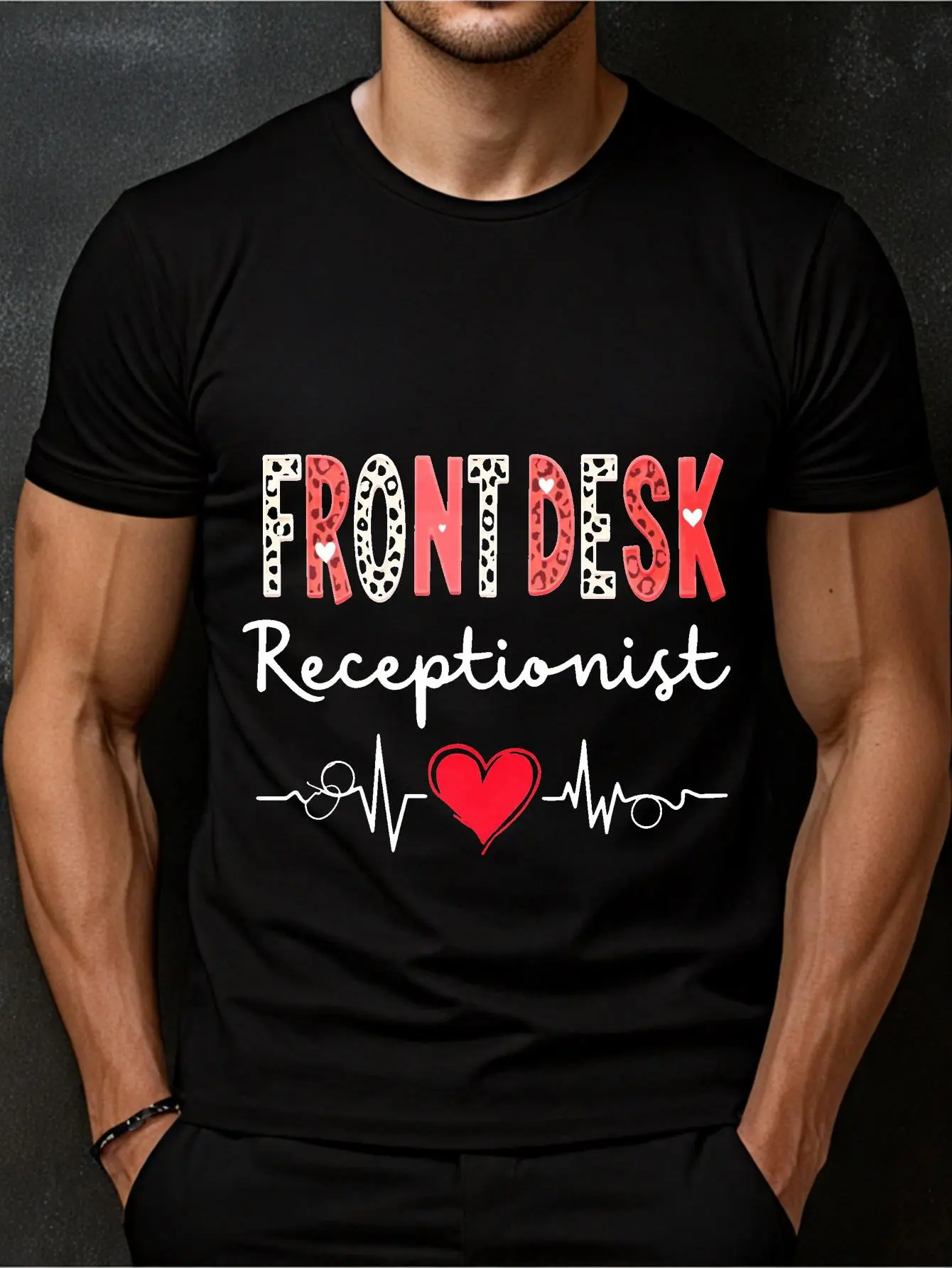 Men' & Women' Medical Office Receptionist T-Shirt - Front Desk Heartbeat & Phone Icon Graphic,  Cotton 180g Crew Neck Short Sleeve, Casual Workwear Suitable for Men & Women - Year-Round Comfortable Tee