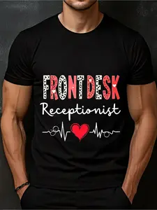 Men' & Women' Medical Office Receptionist T-Shirt - Front Desk Heartbeat & Phone Icon Graphic, 100% Cotton 180g Crew Neck Short Sleeve, Casual Workwear Suitable for Men & Women - Year-Round Comfortable Tee