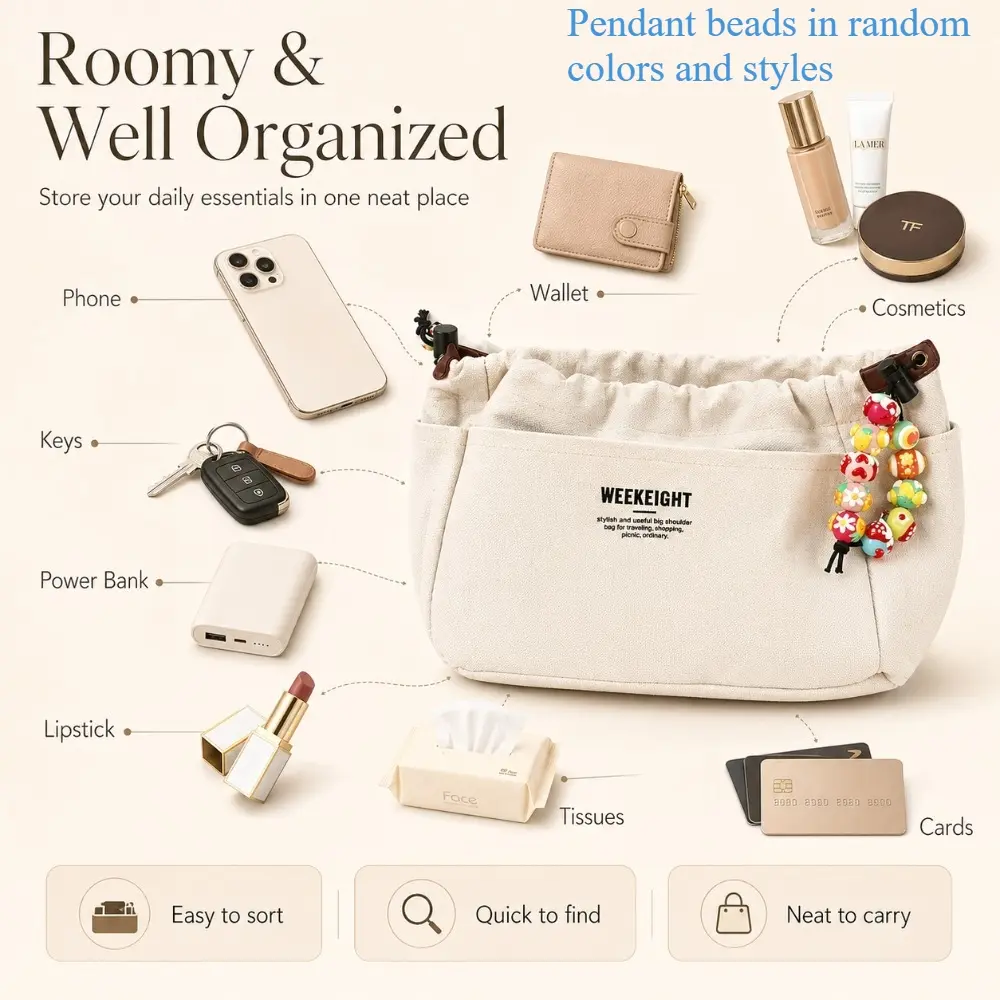 Inner bag organizer with pouch-in-pouch design, adorned with pendant, drawstring storage bag, multi-pocket inner pouch, lightweight portable travel storage bag, large-capacity bag inner liner, multi-functional multi-pocket handbag organizer, makeup bag