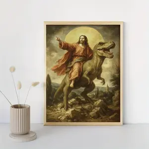 1 Vintage Jesus Riding a Dinosaur Frameless Canvas Wall Art Print - Humorous Religious Ornamental Wall Arts, Home Decor for Bedroom, Living Room