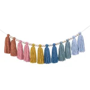 Boho Earthy Rainbow Tassel Garland – Neutral Yarn Wall Hanging for Calm Classroom, Montessori Nursery, Kids Bedroom, Baby Shower, Birthday Party & Cozy Home Decor